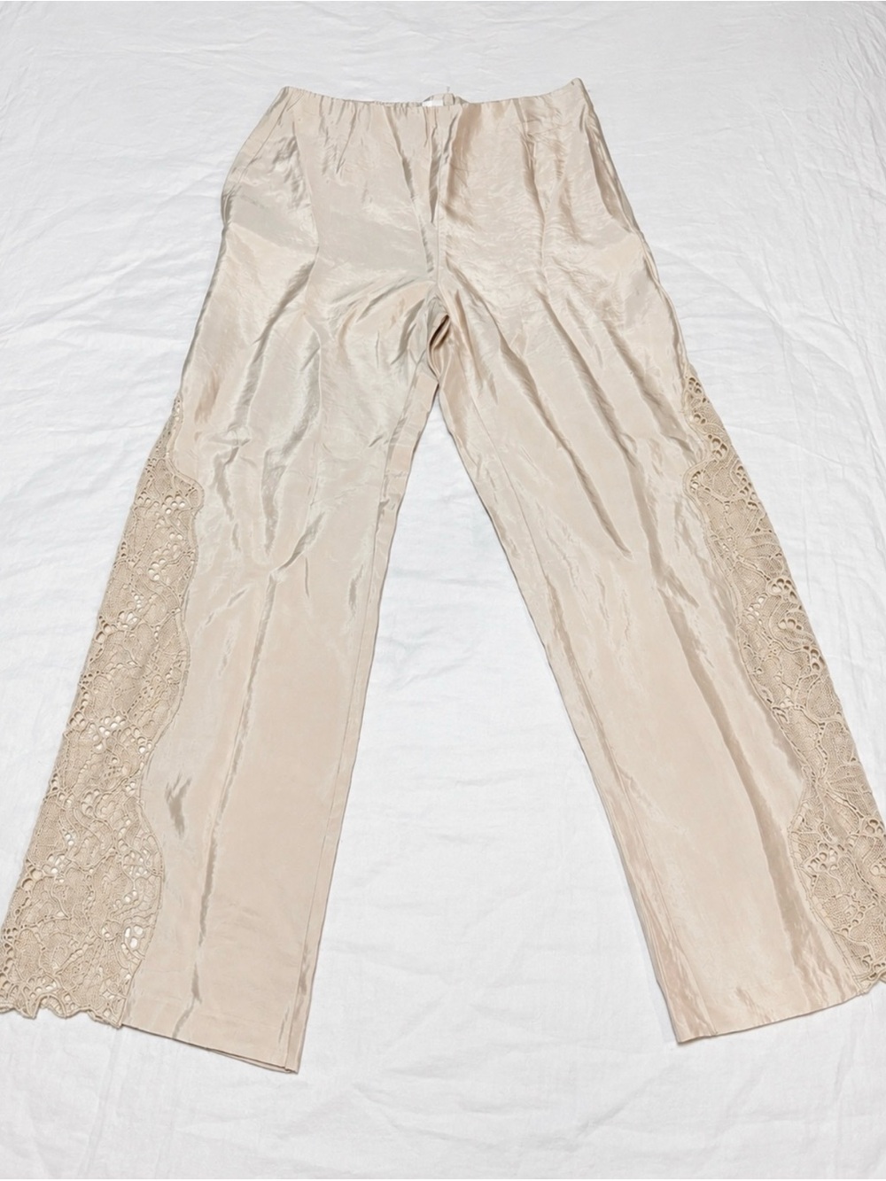 NWT H&M Cream Satin Silky Wide Leg Pants Lace Panel Palazzo Trousers